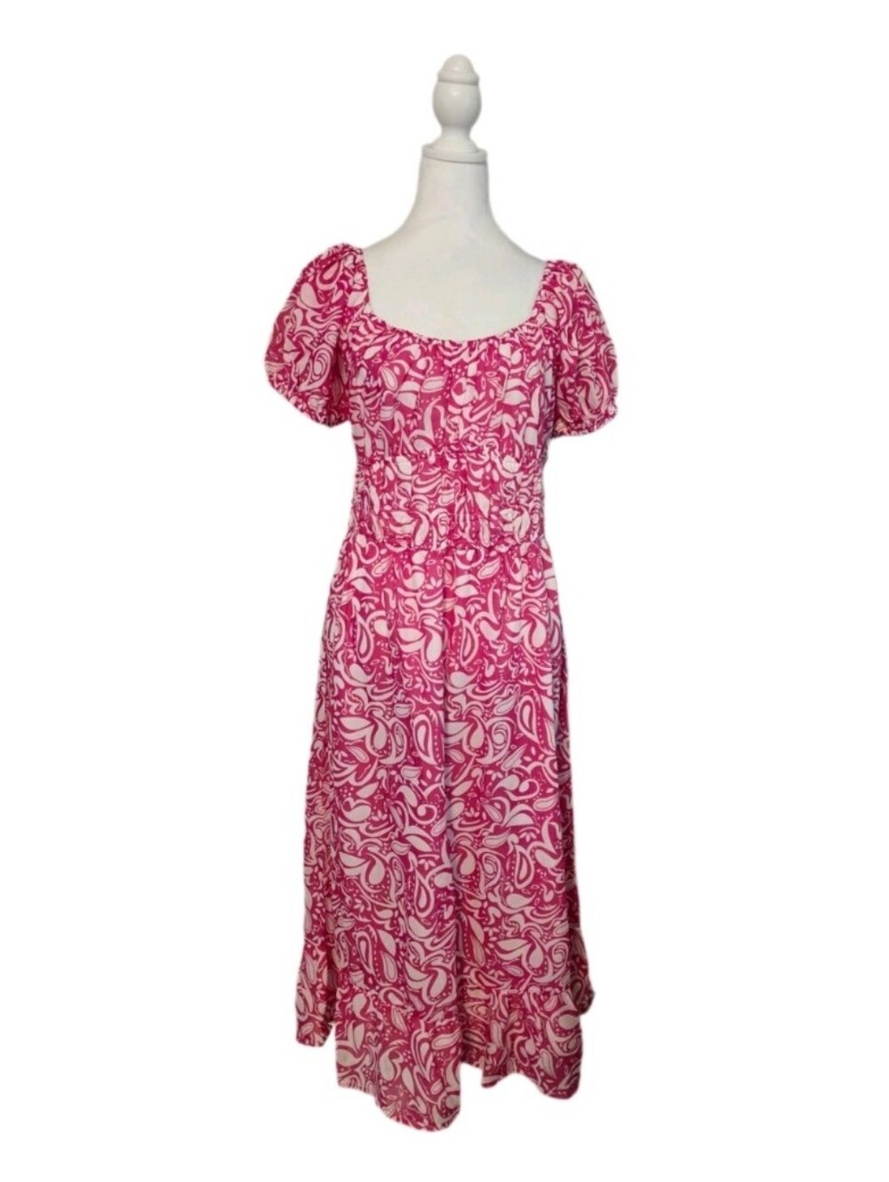 Raj Pink White Paisley Midi Dress Sz L Square Neck Puff Sleeve Ruffle Lined NWT